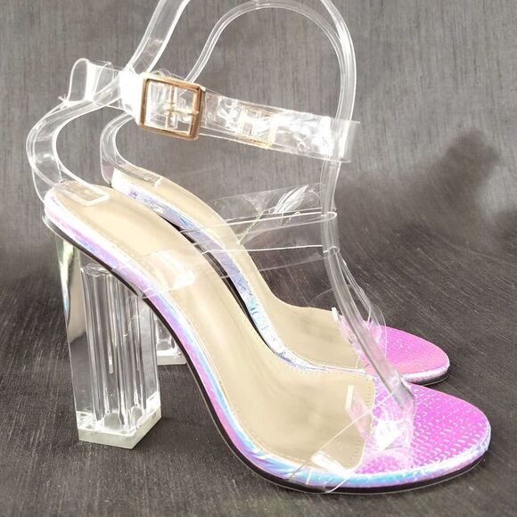 NEW Lucite Iridescent Block Heel Ankle Buckle Strap Sandals Size 37 or 6… - Picture 1 of 6